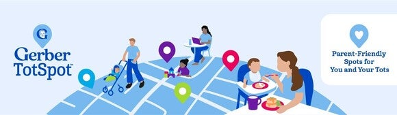 Gerber TotSpot logo with parents and children illustrations on colorful map