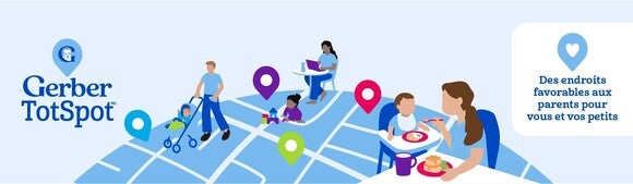 Logo Gerber TotSpot à gauche; illustration colorée de parents et enfants sur une carte