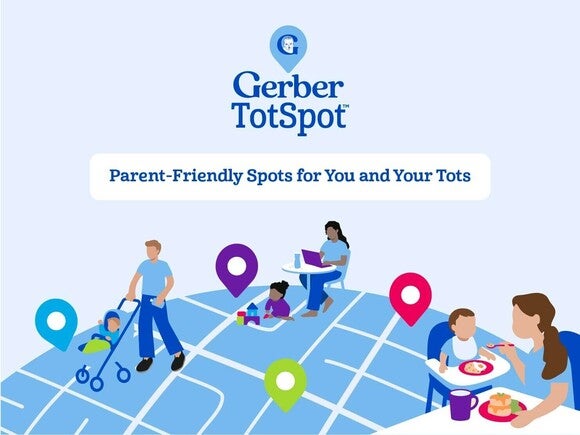 Gerber TotSpot logo with parents and children illustrations on colorful map