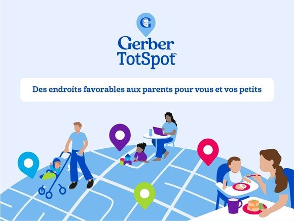 Logo Gerber TotSpot à gauche; illustration colorée de parents et enfants sur une carte